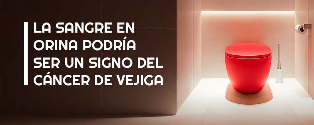 Sangre en la orina como un posible signo de cáncer de vejiga con la ilustración de un inodoro rojo en un baño iluminado