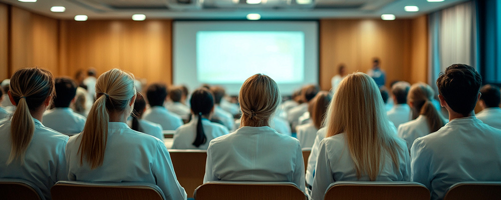 Estudiantes de Medicina Sentados en una Sala de Capacitación Especializada en Salud