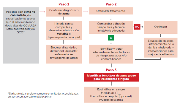 Diagrama de flujo que muestra la confirmación del diagnóstico, la optimización del tratamiento y la identificación del fenotipo para el manejo del asma grave