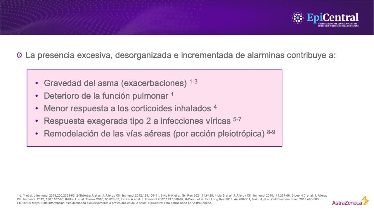 Lista que muestra cómo las alarmas excesivas empeoran la gravedad del asma, la función pulmonar, la respuesta de esteroides, la respuesta viral tipo 2 y la remodelación de las vías respiratorias.